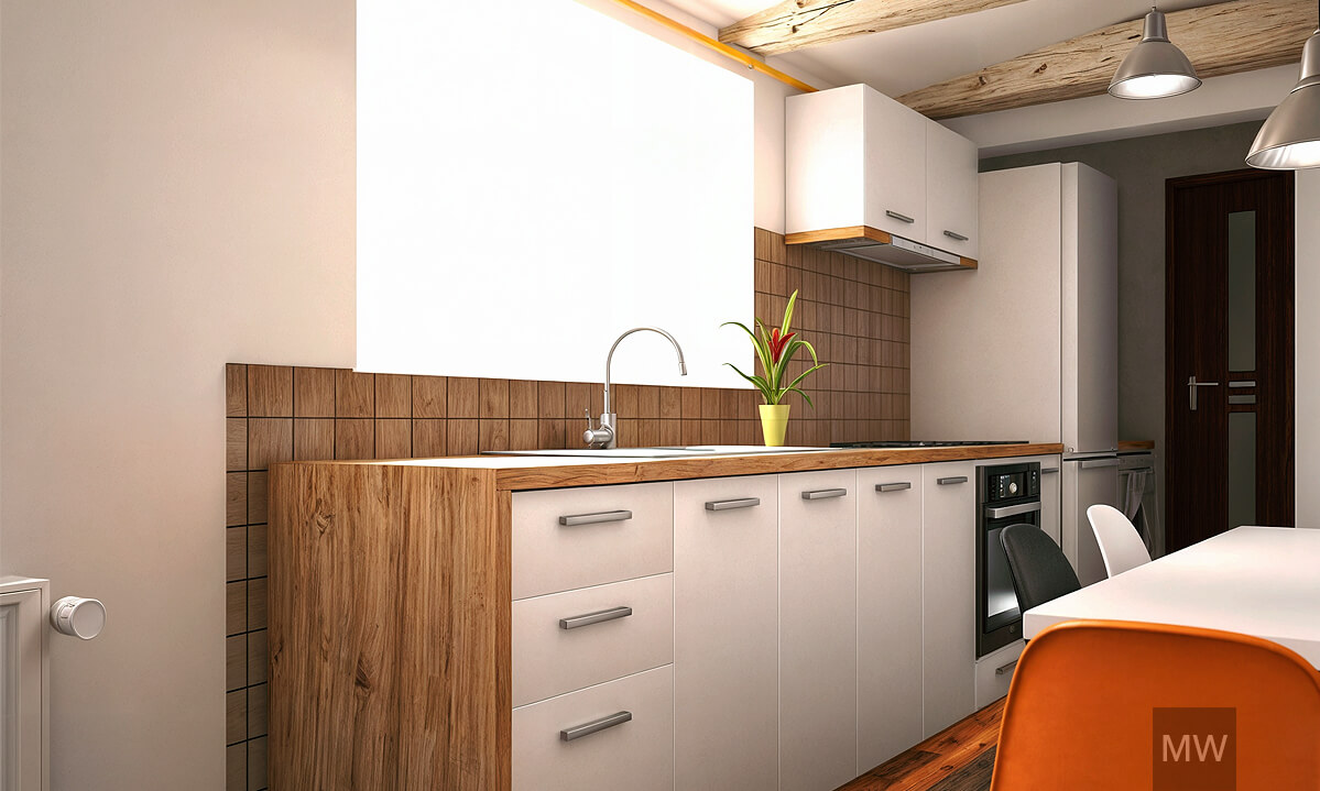 design apartament studio cluj, bucatarie mica cu geam peste chiuveta si scaune tip eames design apartament studio cluj, bucatarie mica cu geam peste chiuveta si scaune tip eames