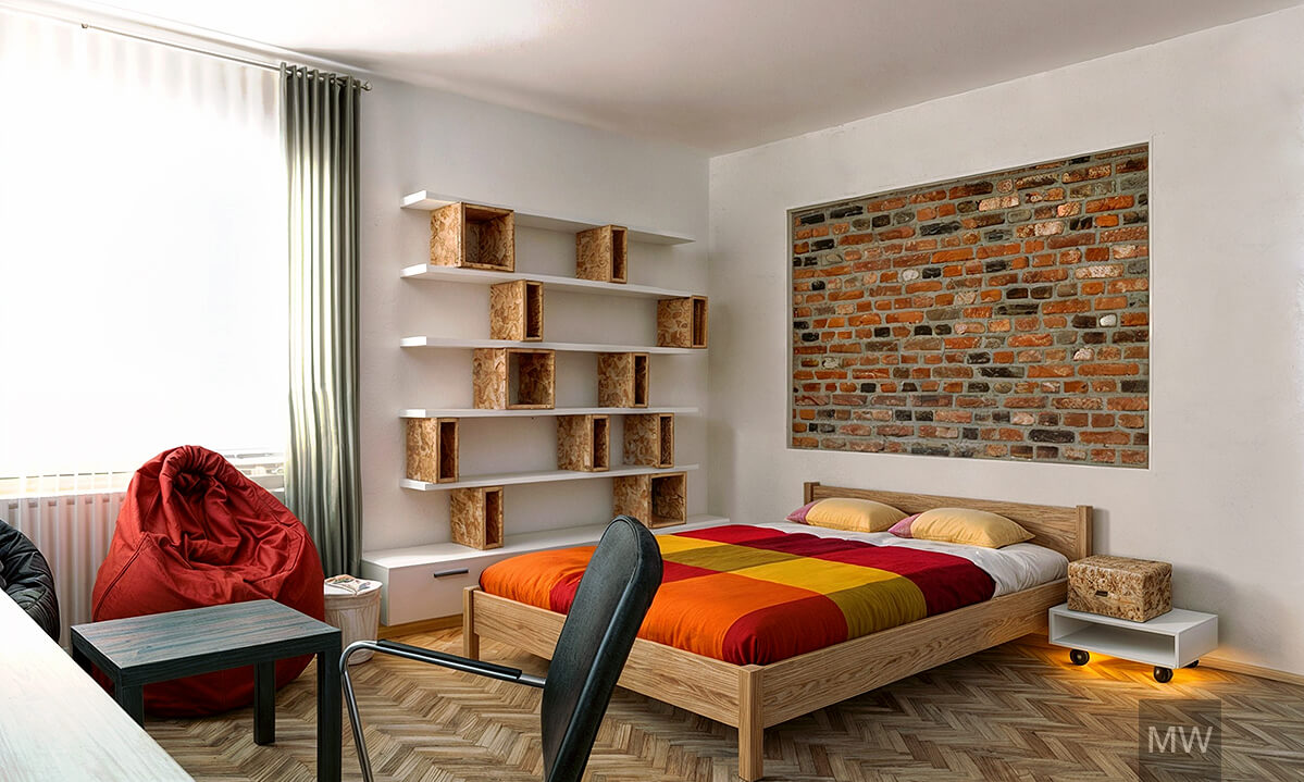 zona de dormitor cu pat matrimonial in apartament studio cluj, design most wanted, bean bag rosu, perete cu polite si caramida aparenta zona de dormitor cu pat matrimonial in apartament studio cluj, design most wanted, bean bag rosu, perete cu polite si caramida aparenta