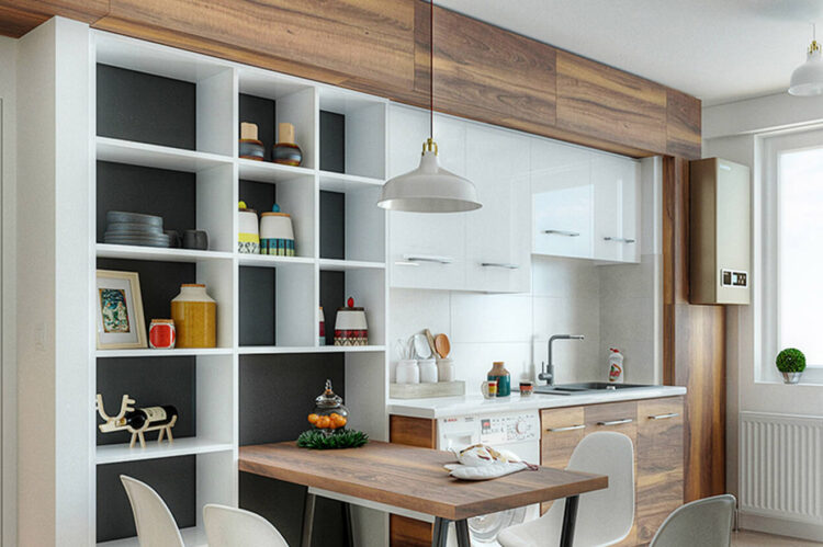 randare 3d, design interior apartament in cluj, bucatarie cu mobila la comanda, alb cu nuc