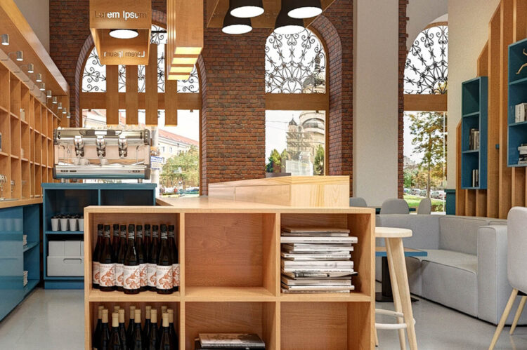 randare 3d, design interior cafenea si librarie, pal furniruit stejar combinat cu nuante de albastru si gri