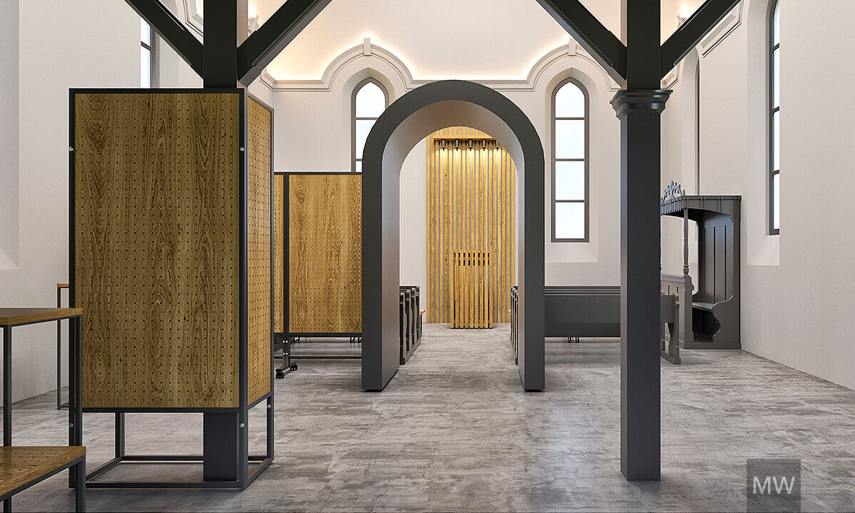 vedere in biserica, separator spatiu, poarta cu bolta, randare 3d vedere in biserica, separator spatiu, poarta cu bolta, randare 3d