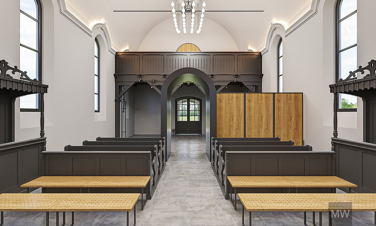 vedere din interiorul bisericii, design elemente modulare, panouri de expunere si banchete, structura metalica si placi de lemn vedere din interiorul bisericii, design elemente modulare, panouri de expunere si banchete, structura metalica si placi de lemn