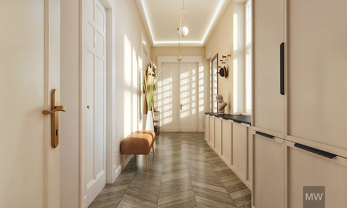 Elegant Hallway with Light Wood Flooring and Subtle Decor – Most Wanted Design Modern hallway with beige walls, white doors with golden handles, and a light wooden herringbone floor. Features decorative pendant lights, leather bench, and sunlight streaming in.