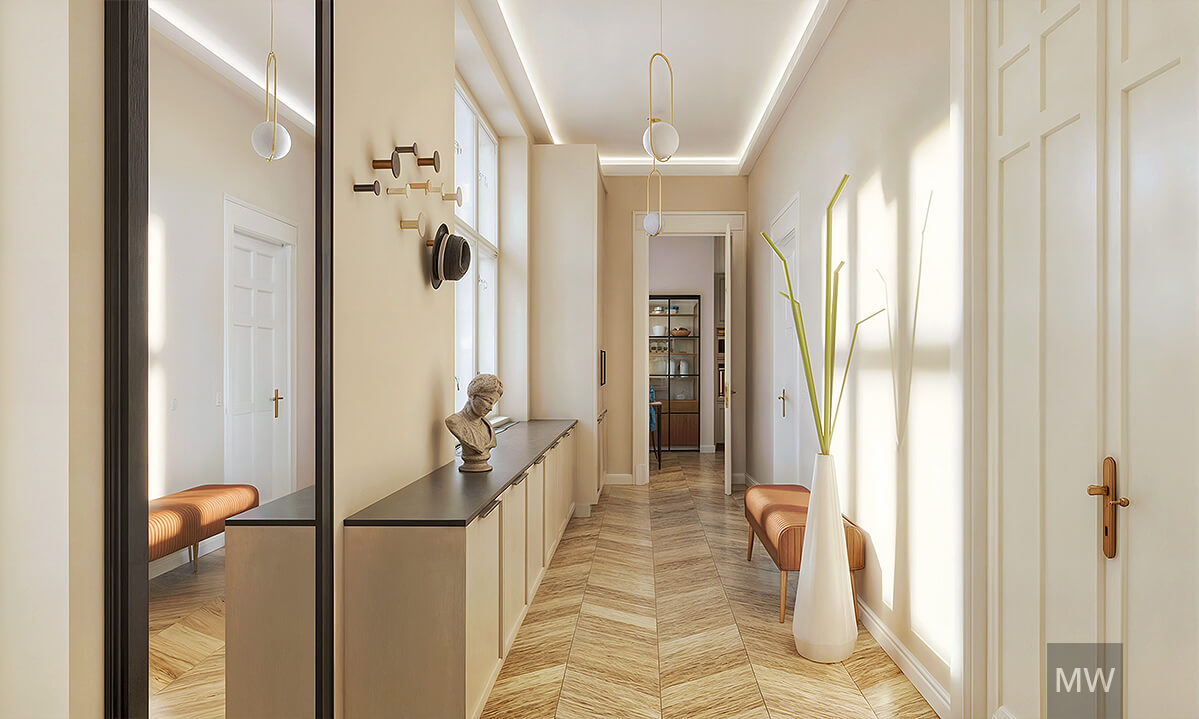 Modern Hallway Design with Beige Walls and Unique Lighting | Most Wanted Design Cluj Modern hallway with beige walls, large mirror, pendant lights, wall hooks, bust statue, herringbone wooden floor, white door with gold handle, and a tall vase with green stems.