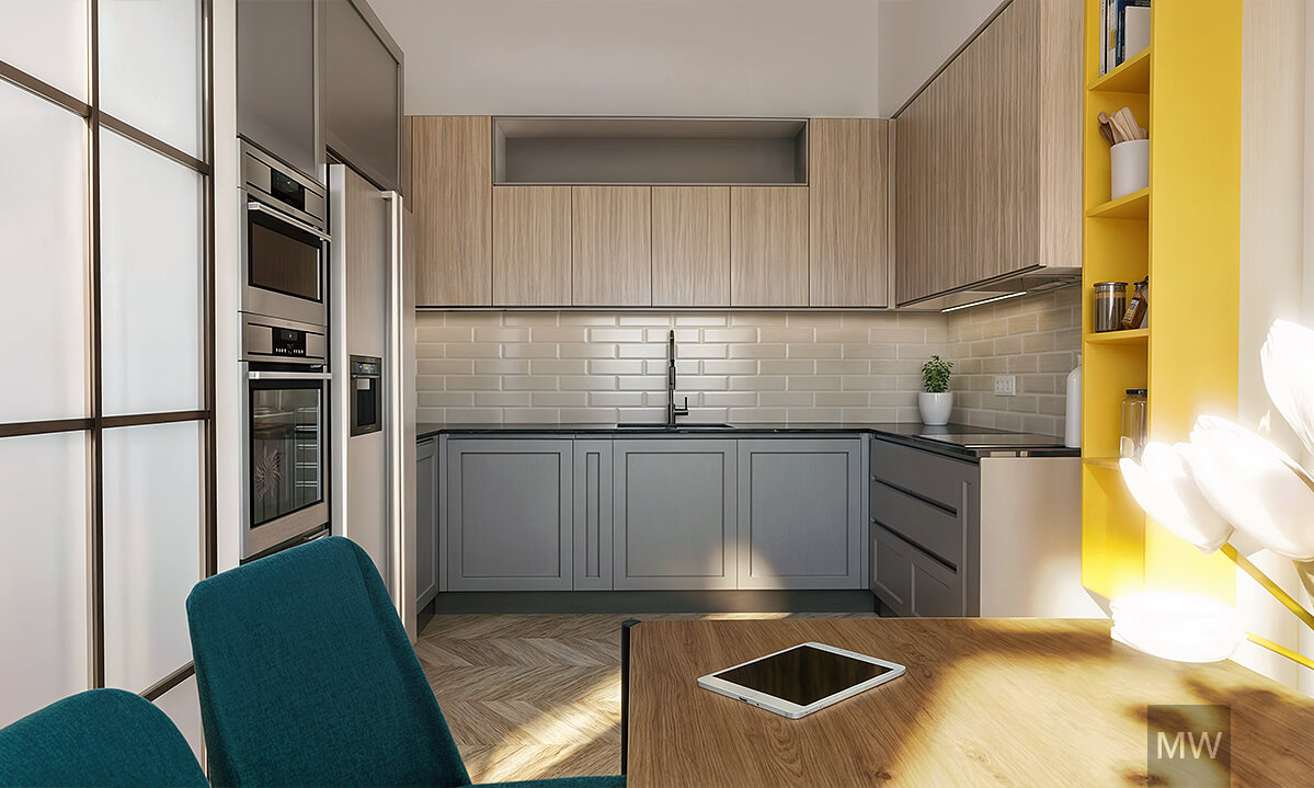 Modern Kitchen Design with Vibrant Accents and Elegant Finishes | Most Wanted Design Cluj Modern kitchen with gray cabinets, wooden finish, built-in oven, beige backsplash, yellow shelf with kitchen items, wooden dining table, teal chair, and white tulips.