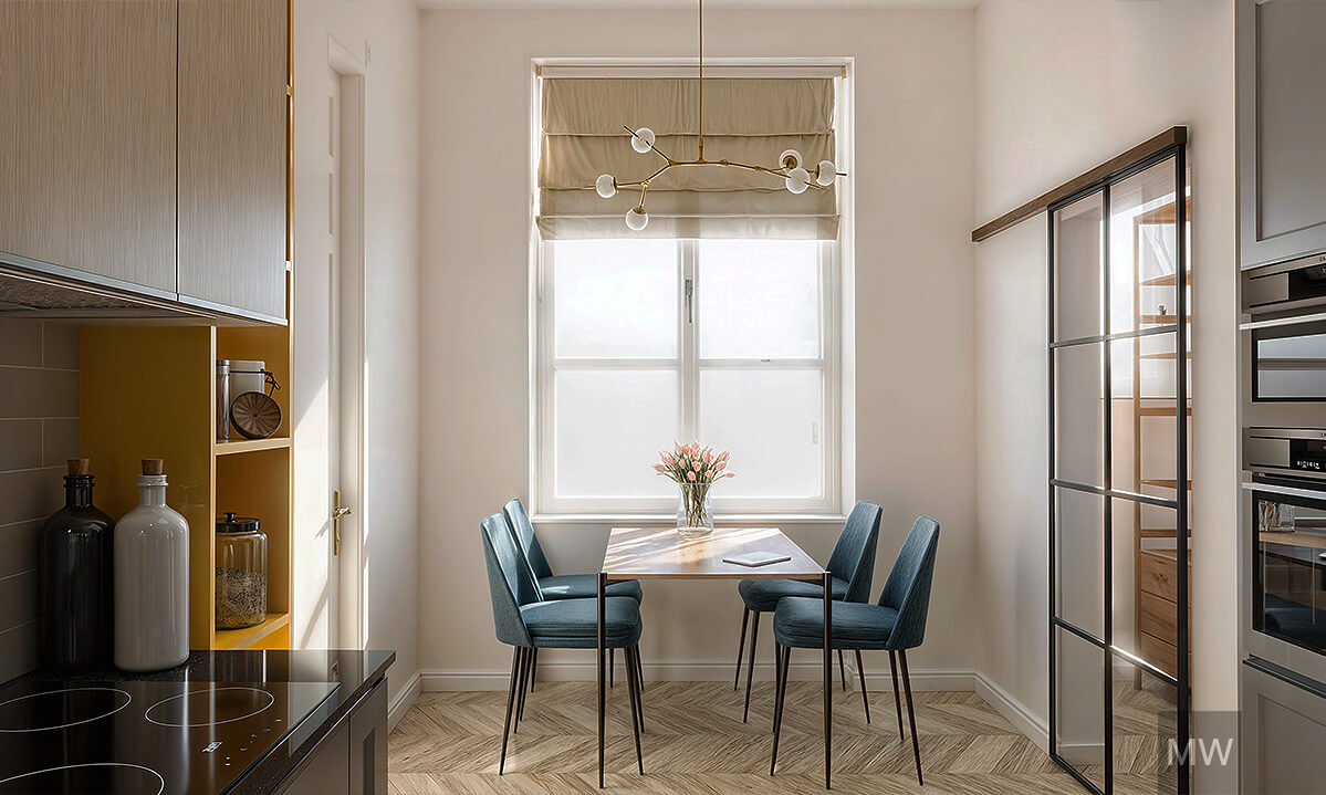 Stylish Kitchen and Dining Area with Unique Chandelier and Herringbone Flooring | Most Wanted Design Cluj Modern kitchen and dining area with black stove, wooden cabinets, teal chairs, chandelier, wooden shelf, large window, and herringbone floor.
