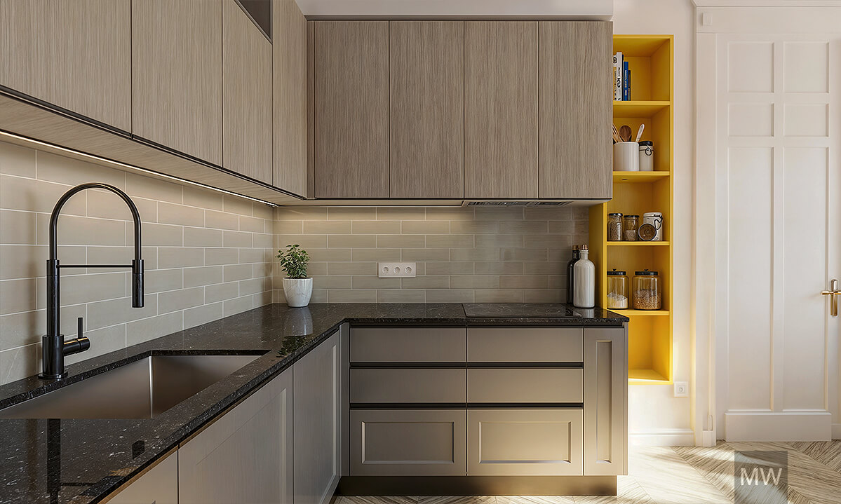 Contemporary Kitchen Design with Vibrant Yellow Accents and Sleek Finishes | Most Wanted Design Cluj Modern kitchen with wooden cabinets, black granite countertop, yellow shelving unit, white subway tile backsplash, and herringbone wooden floor.