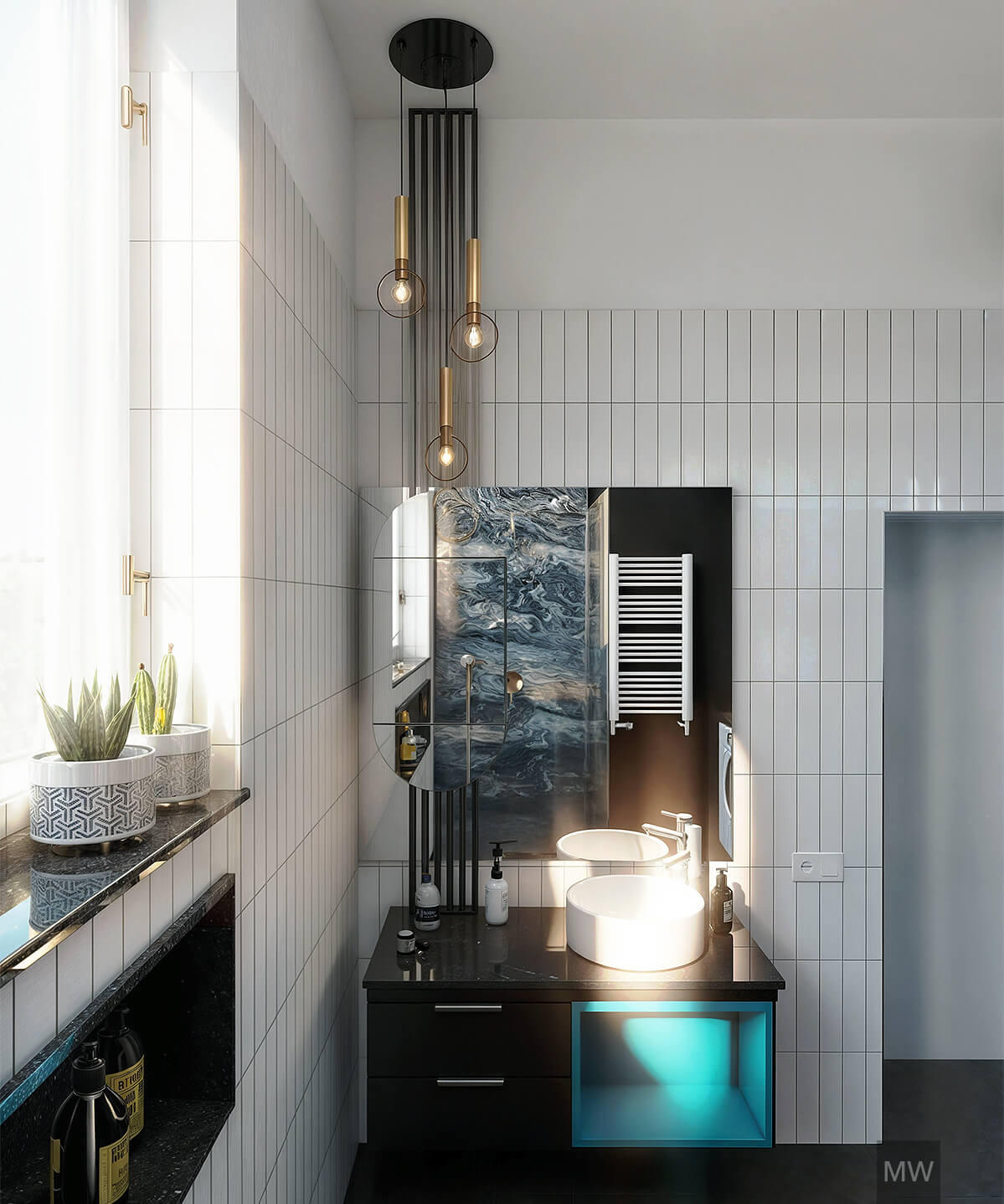 Sleek Bathroom Design with Blue Accents and Elegant Lighting | Most Wanted Design Cluj Modern bathroom with white square tiles, black countertop, blue shelf, marble backsplash, gold and black pendant lights, and potted plant on the windowsill.
