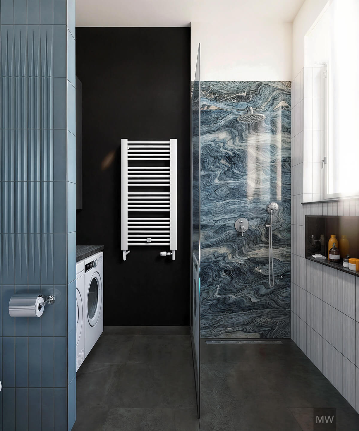 Chic Bathroom Design with Marbled Shower Wall and Laundry Area | Most Wanted Design Cluj Modern bathroom with blue and white marbled shower wall, blue-tiled wall with towel rack, white countertop with toiletries, and laundry area with washing machine.