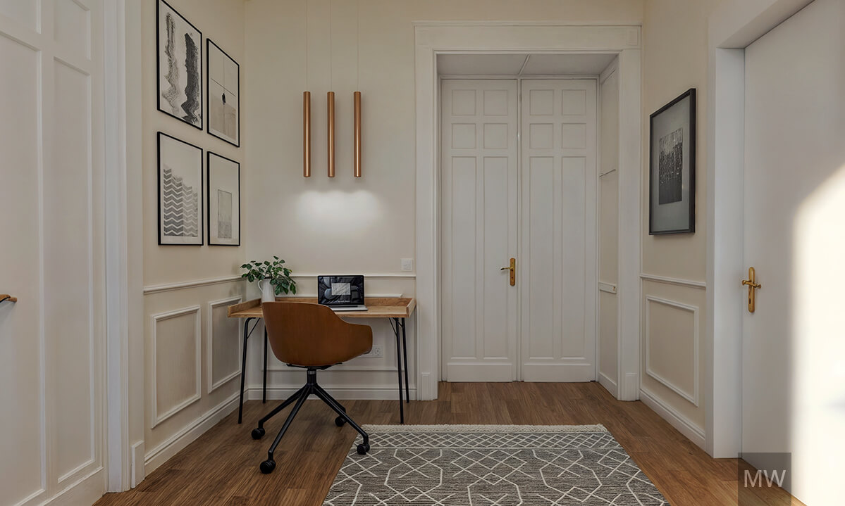 Minimalist Room Design with Elegant Lighting and Wooden Desk | Most Wanted Design Cluj Modern minimalist room with white door, vertical light fixtures, wooden desk with laptop and potted plant, framed black and white artworks, and gray and white patterned rug.