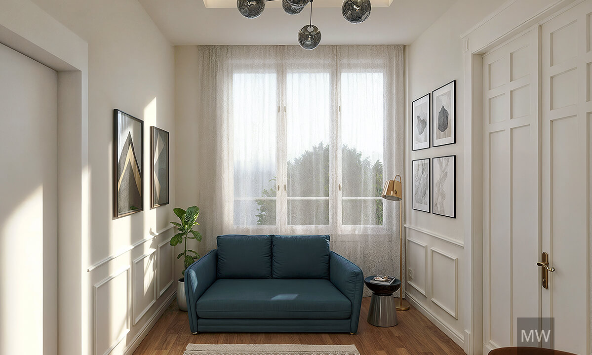 Elegant Living Room Design with Blue Sofa and Unique Chandelier | Most Wanted Design Cluj Elegantly designed room with blue sofa, potted plant, small table with lamp, spherical chandelier, framed artworks, and patterned rug.