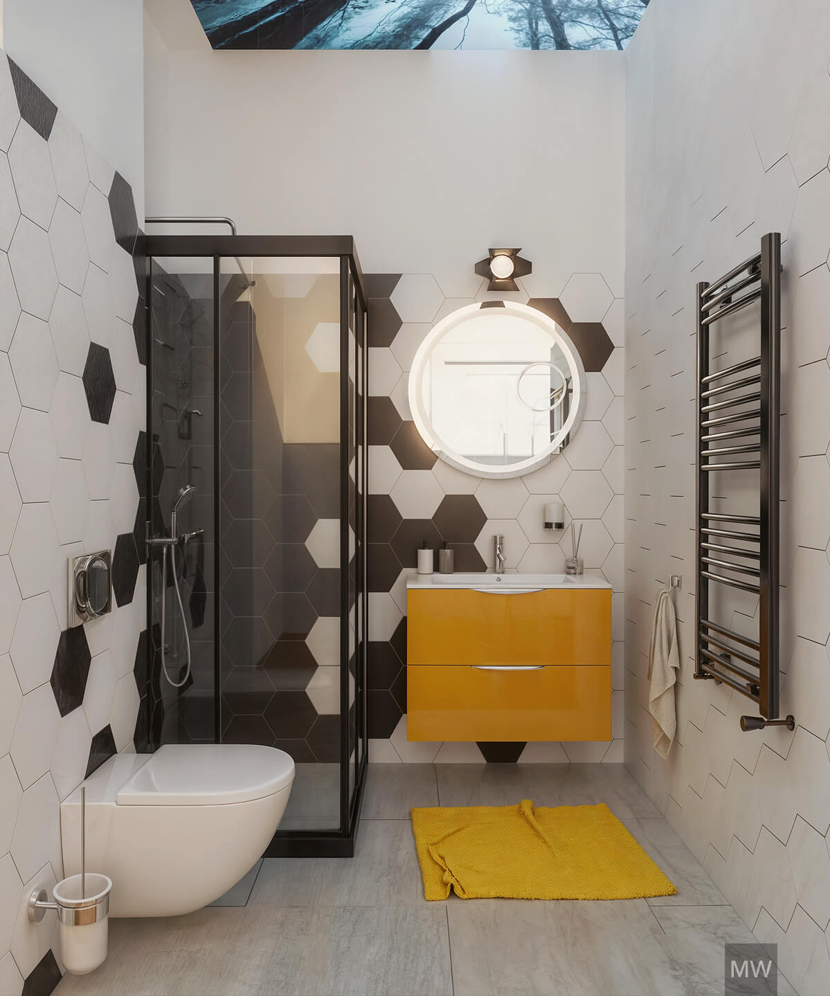 Modern Bathroom Design with Geometric Tiles and Vibrant Yellow Vanity | Most Wanted Design Cluj Modern bathroom with hexagonal tiles, black-framed shower enclosure, white toilet, yellow vanity, circular mirror, and skylight offering a view of the forest.