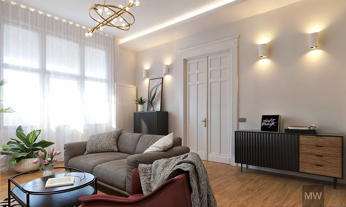 Elegant Living Room Design with Gray Sofa and Gold Chandelier | Most Wanted Design Cluj Modern living room with gray sofa, round coffee table with pink tulips, gold chandelier, potted plant, white door, and patterned rug.