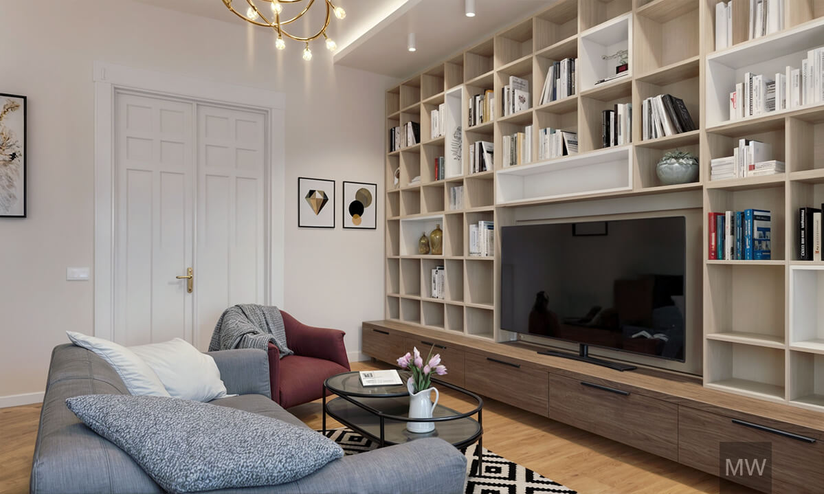 Sophisticated Living Room Design with Wooden Shelf and Gold Chandelier | Most Wanted Design Cluj Modern living room with large wooden shelf, TV, gold chandelier, framed lion artwork, gray sofa, black table with pink tulips, and red armchair.