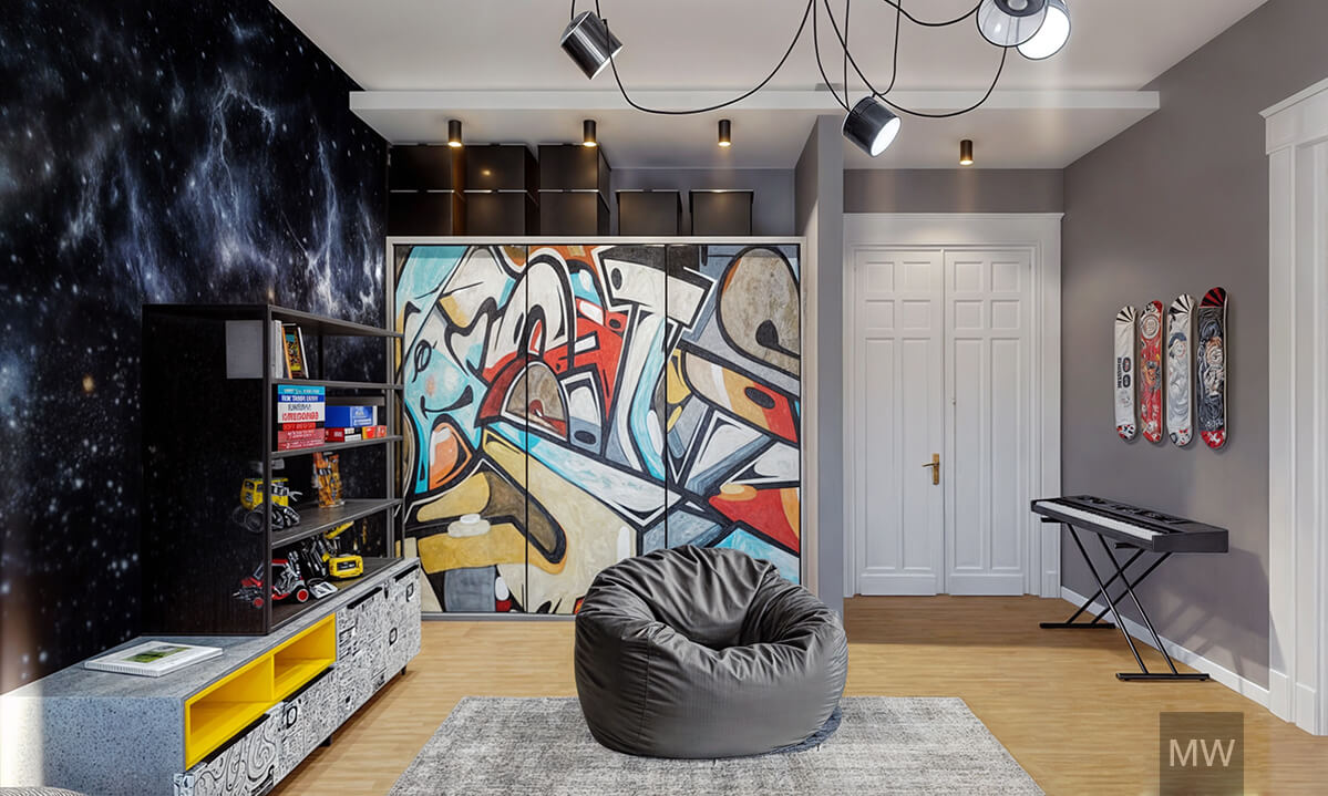 Modern Lounge Area with Cosmic Design and Graffiti Artwork | Most Wanted Design Cluj Interior space with cosmic starry wall design, black shelf with books, vibrant graffiti artwork, gray bean bag chair, white door, and black piano stand.