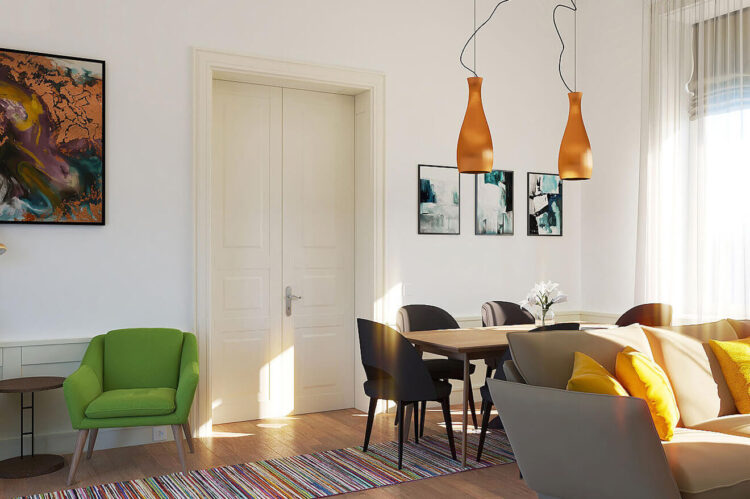 design interior apartament, 3 camere, randare 3d, living cu zona de dining, fotoliu verde