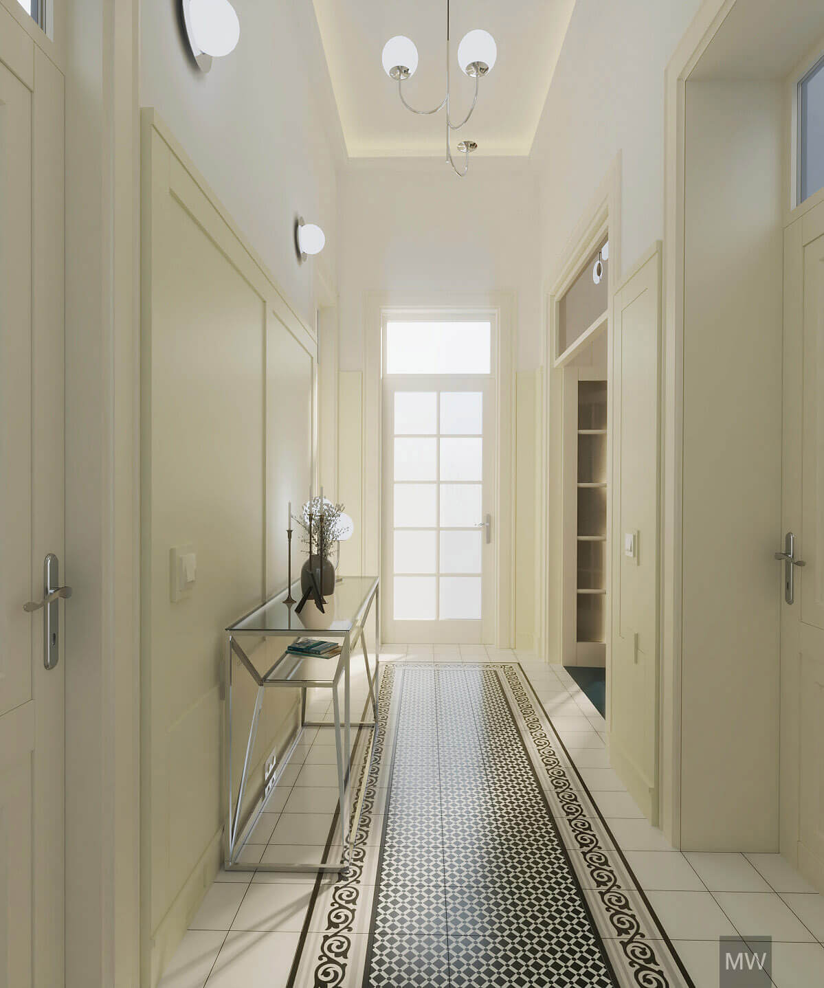 coridor cu gresie clasica, randare 3d, consola langa peretele cu placari din lemn, tavan cu scafa si benzi led, corpuri de iluminat ikea coridor cu gresie clasica, randare 3d, consola langa peretele cu placari din lemn, tavan cu scafa si benzi led, corpuri de iluminat ikea