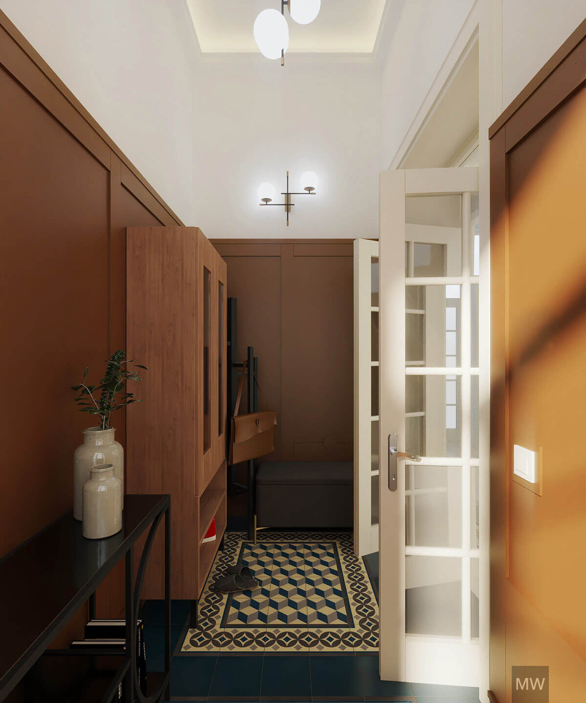 randare 3d, antreu, apartament 3 camere, cluj, art deco, gresie, panouri casetate pe pereti randare 3d, antreu, apartament 3 camere, cluj, art deco, gresie, panouri casetate pe pereti