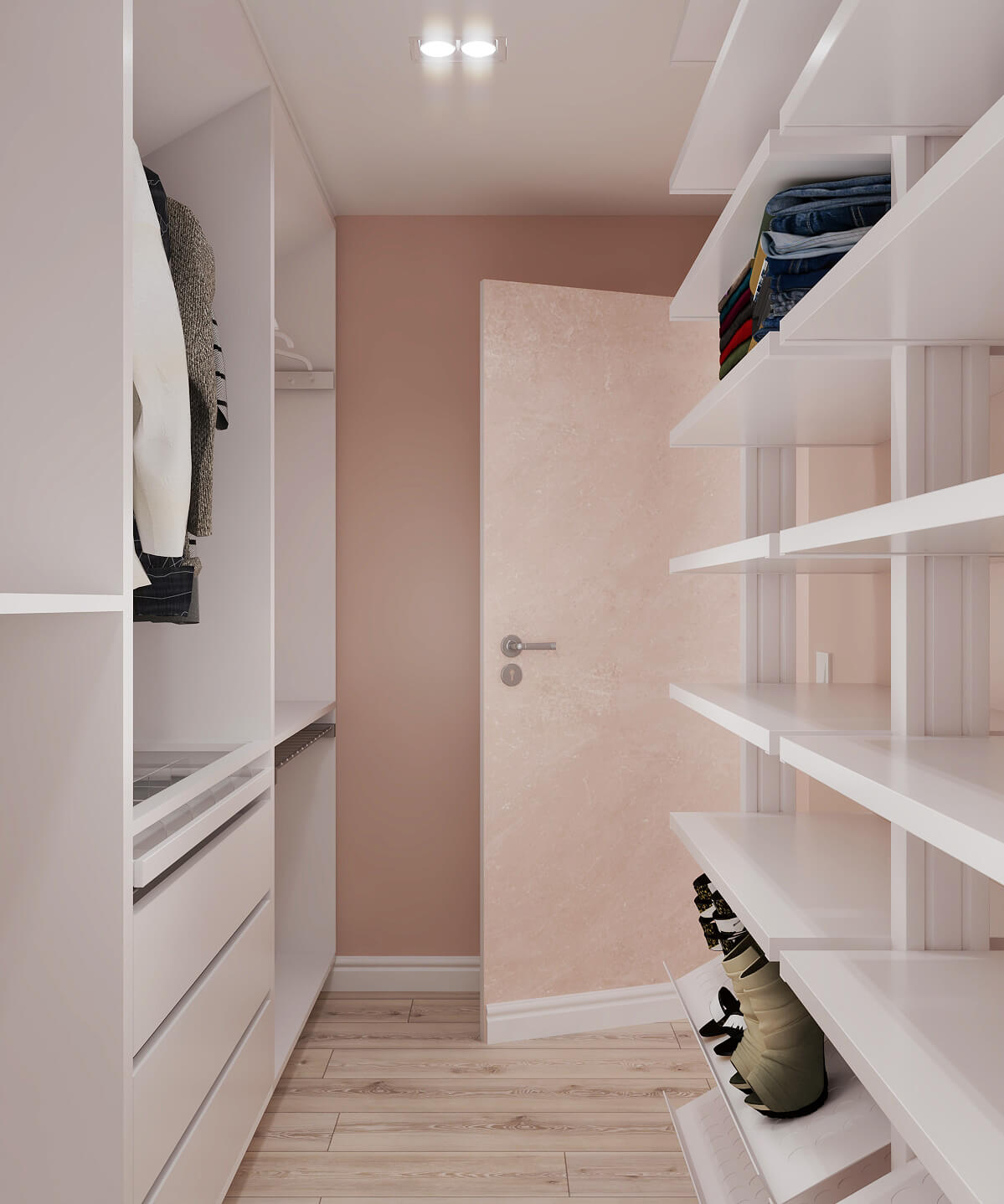 randare cu garderoba ikea, design casa, pereti roz si polite albe randare cu garderoba ikea, design casa, pereti roz si polite albe