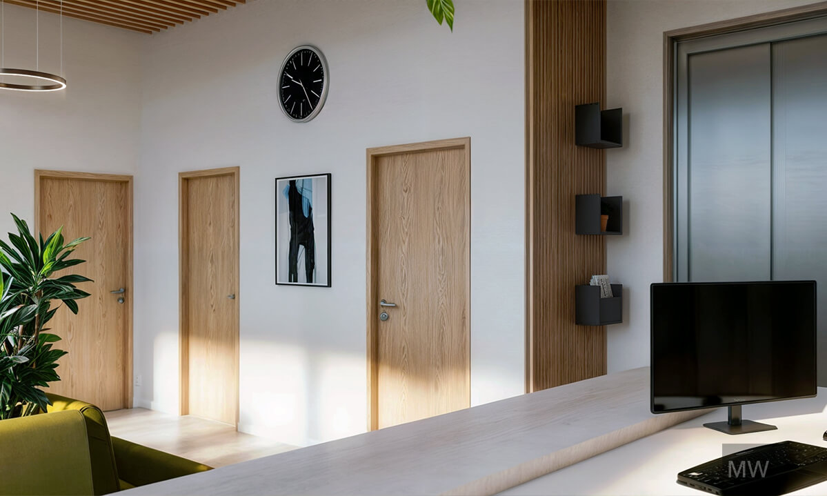 Birou modern cu accente naturale și detalii de lemn Birou modern cu tavan din lemn, ceas de perete și plante decorative