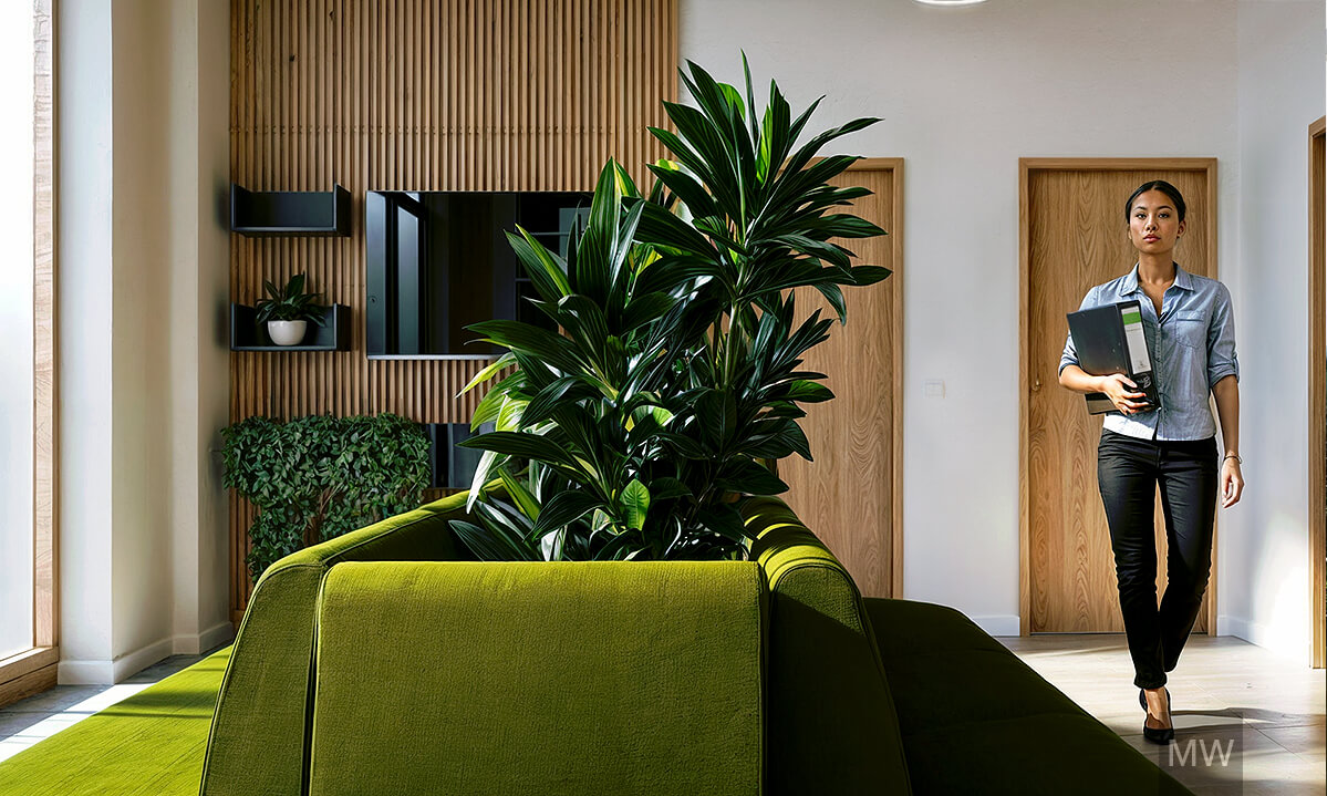 Contemporary Office Space with Green Sofa and Wooden Wall Decor Modern office or waiting area with green sofa, wooden wall slats, and natural lighting