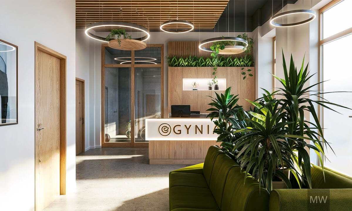 Gynea Clinic Reception Design with Nature-Inspired Elements and Modern Decor Gynea clinic reception area with modern wooden desk, circular pendant lights, and lush green plants