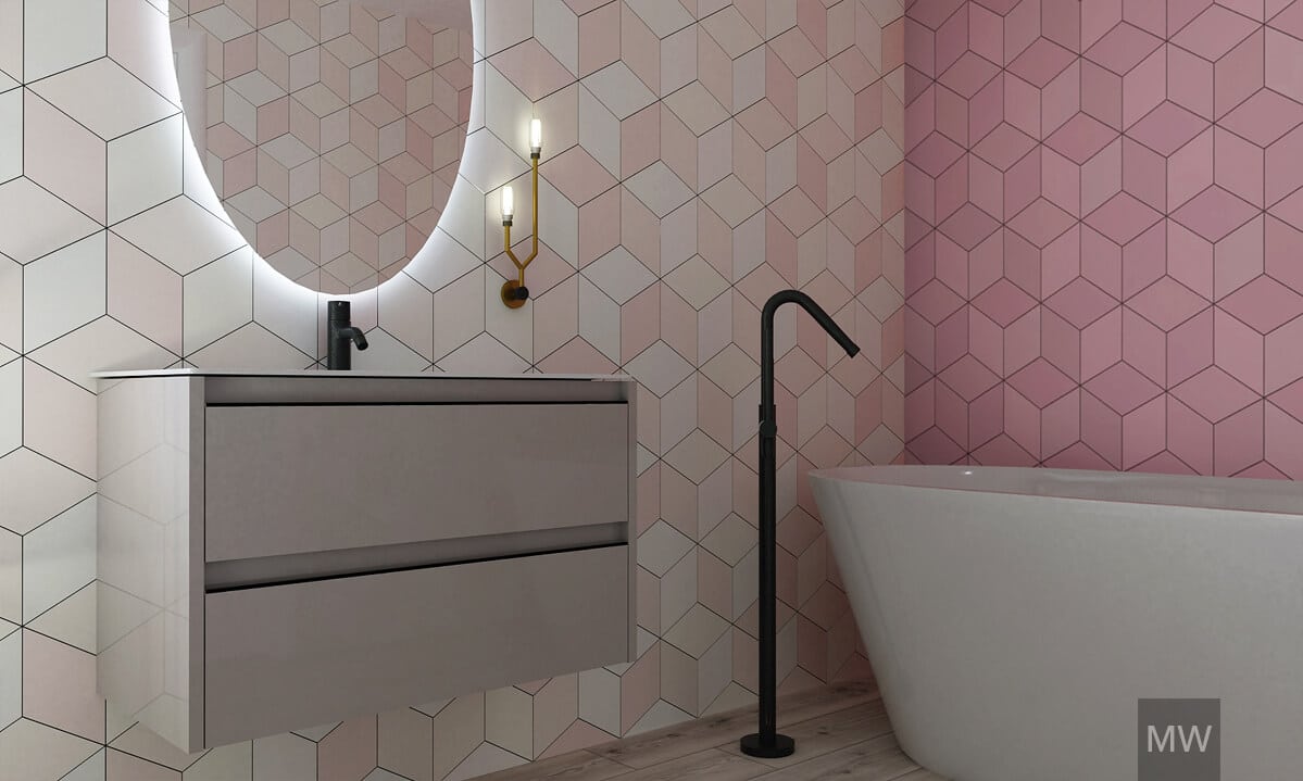 design interior baie, hexagoane roz, cada free standing, randare 3d design interior baie, hexagoane roz, cada free standing, randare 3d