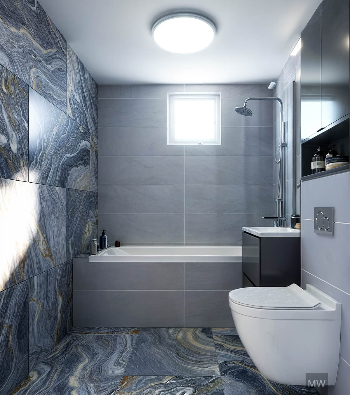 baie cu cada si faianta tip marmura albastra, randare 3d si design most wanted baie cu cada si faianta tip marmura albastra, randare 3d si design most wanted