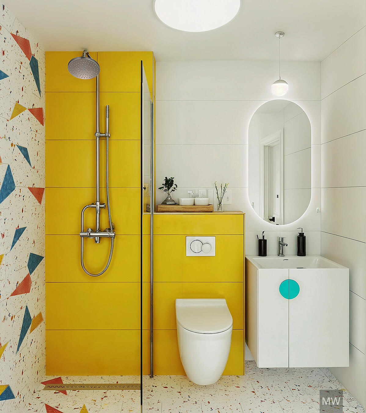 design interior baie_gresie si faianta colorata_apartament 4 camere, faianta galbena si pete de culoare, randare 3d design interior baie_gresie si faianta colorata_apartament 4 camere, faianta galbena si pete de culoare, randare 3d