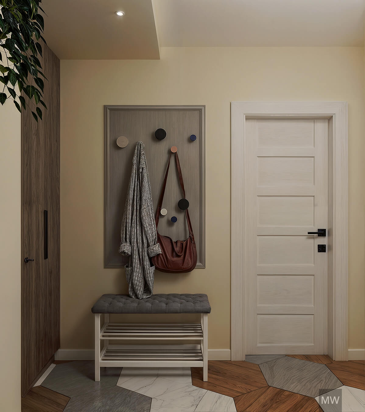 intrare in apartament, cuier si dressing incorporat, gresie hexagonala, design interior intrare in apartament, cuier si dressing incorporat, gresie hexagonala, design interior
