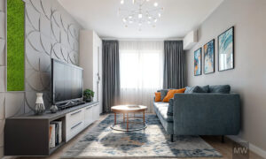 living cu canapea albastra si modele 3d pe perete, lichieni si paletar de culori albastre, most wanted design living cu canapea albastra si modele 3d pe perete, lichieni si paletar de culori albastre, most wanted design