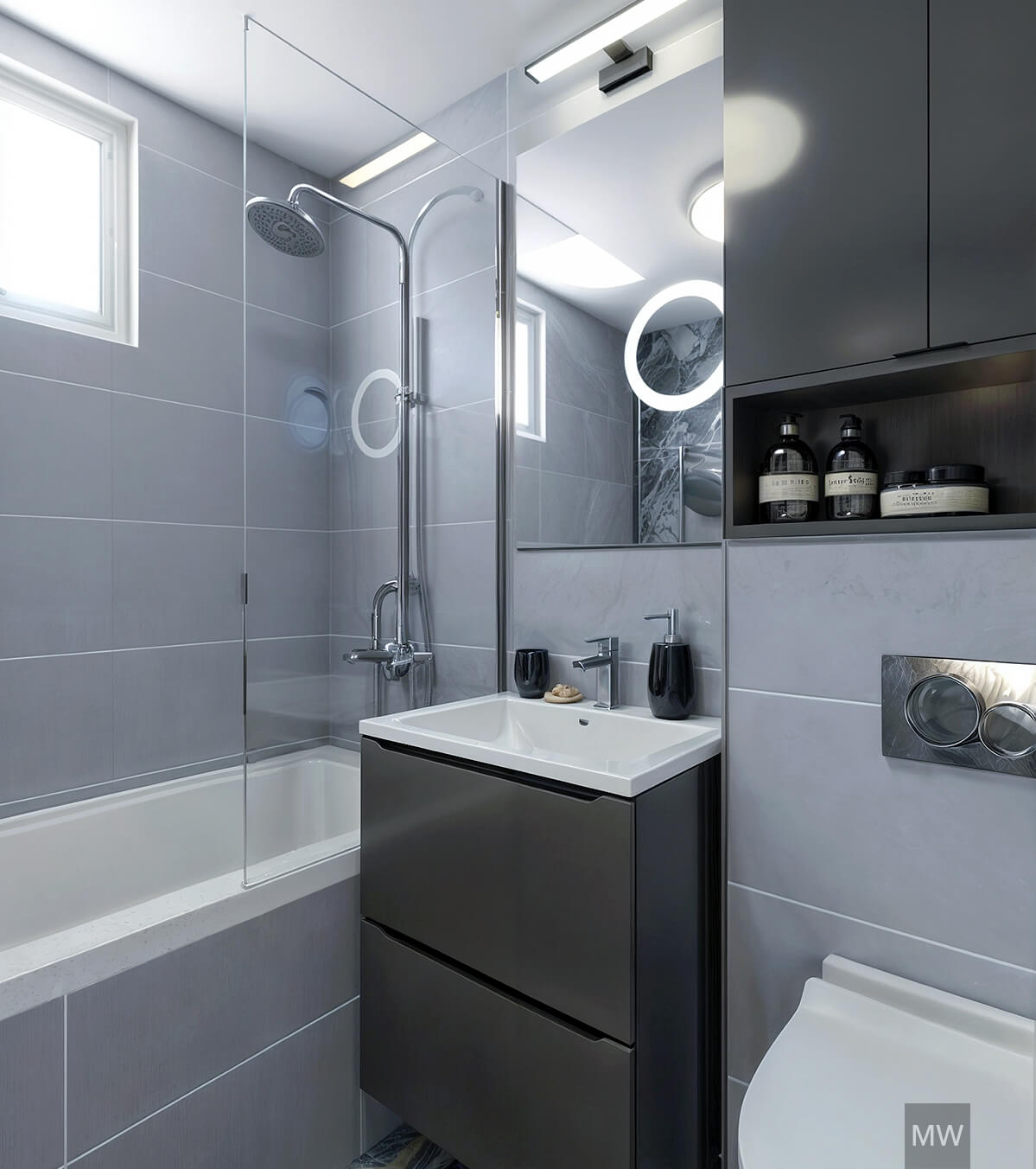 randare 3d baie cu faianta albastra si mobila neagra, apartament 4 camere, oradea randare 3d baie cu faianta albastra si mobila neagra, apartament 4 camere, oradea