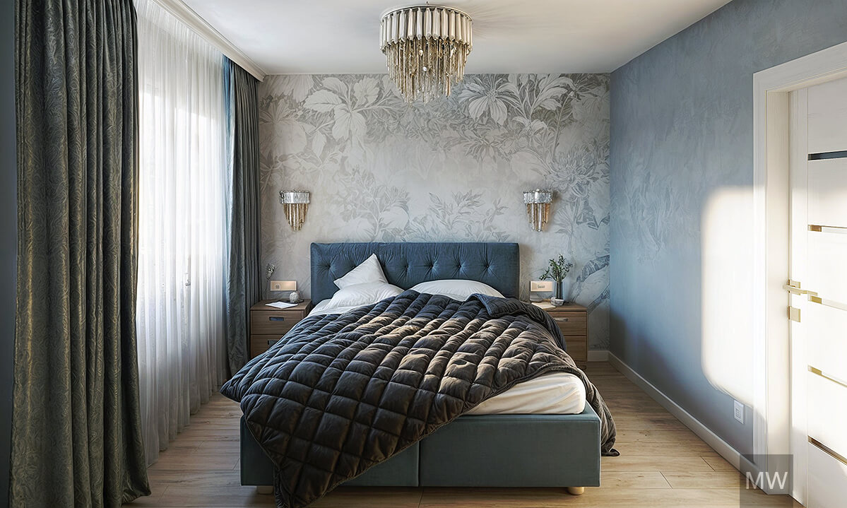 randare 3d cu dormitor matrimonial, foto tapet si draperii, perete albastru, candelabru cristal, design apartament oradea randare 3d cu dormitor matrimonial, foto tapet si draperii, perete albastru, candelabru cristal, design apartament oradea