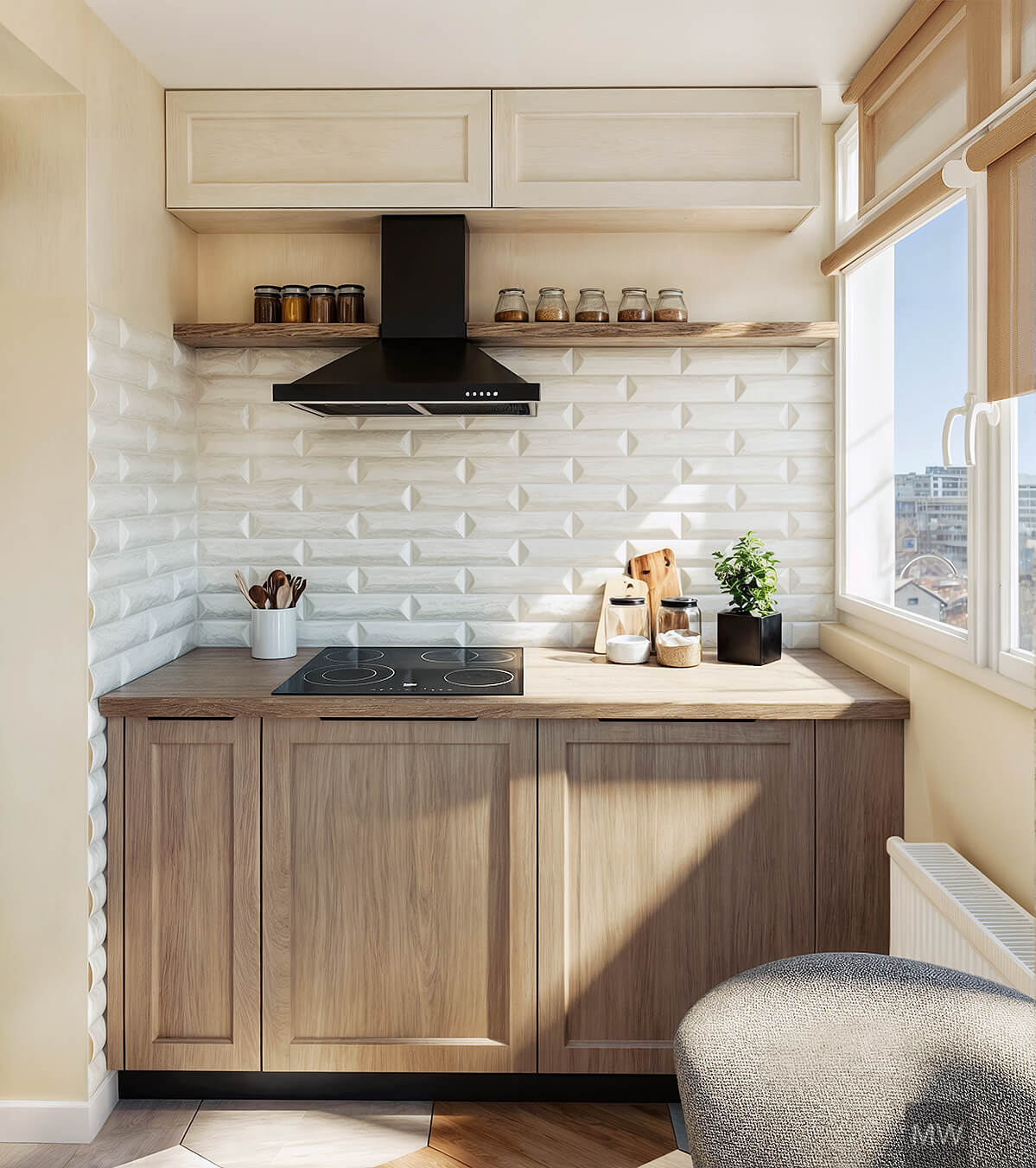vedere cu bucatarie in balcon, hota vizibila si rafturi deschise, mobila la comanda, design interior apartament vedere cu bucatarie in balcon, hota vizibila si rafturi deschise, mobila la comanda, design interior apartament