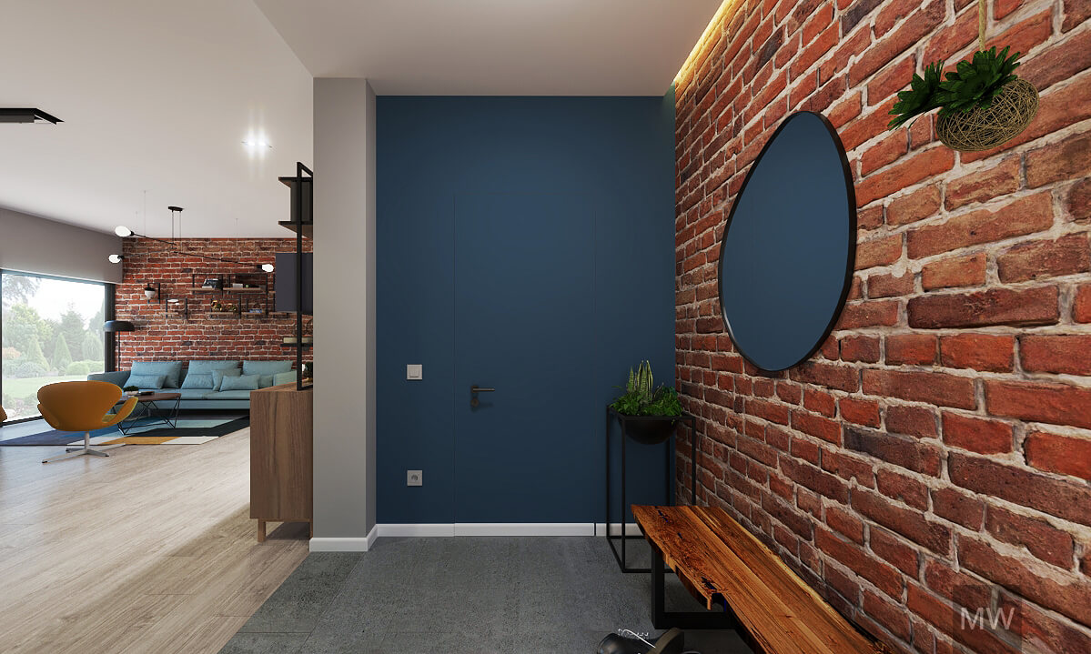 antreu casa familiala cluj, design interior, caramida aparenta, usa hide in perete vopsit cu albastru, randare 3d antreu casa familiala cluj, design interior, caramida aparenta, usa hide in perete vopsit cu albastru, randare 3d