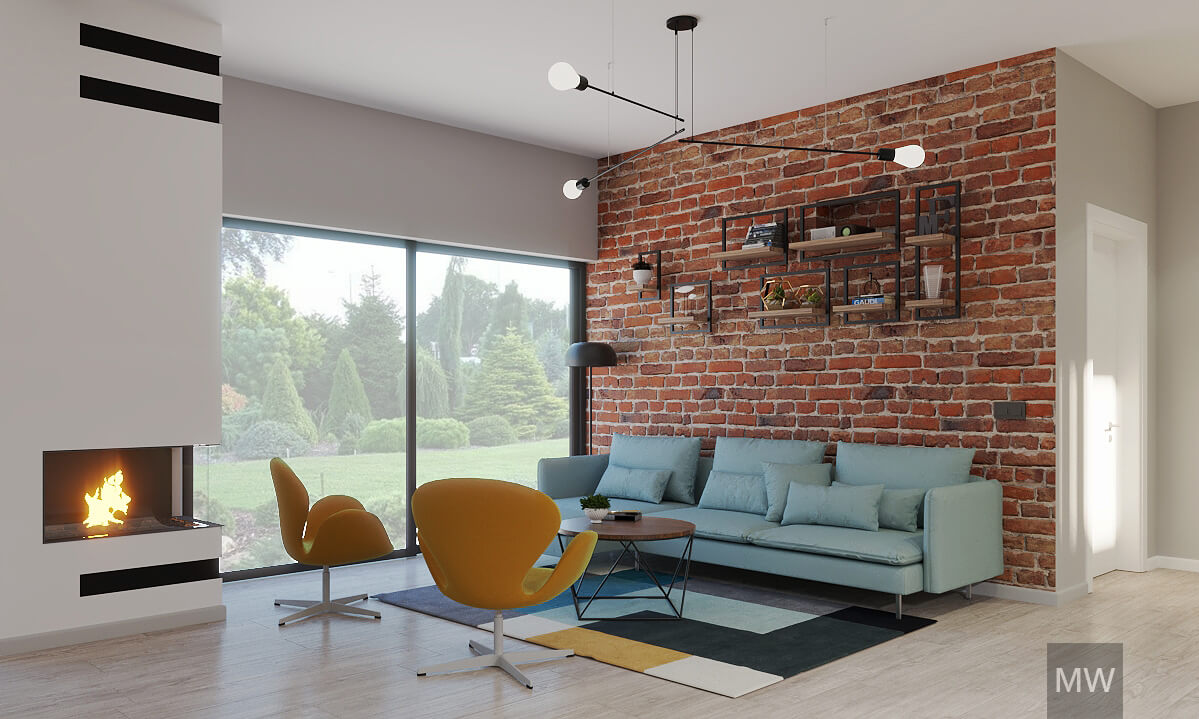 canapea albastra langa perete cu caramida aparenta, design interior living, cluj canapea albastra langa perete cu caramida aparenta, design interior living, cluj