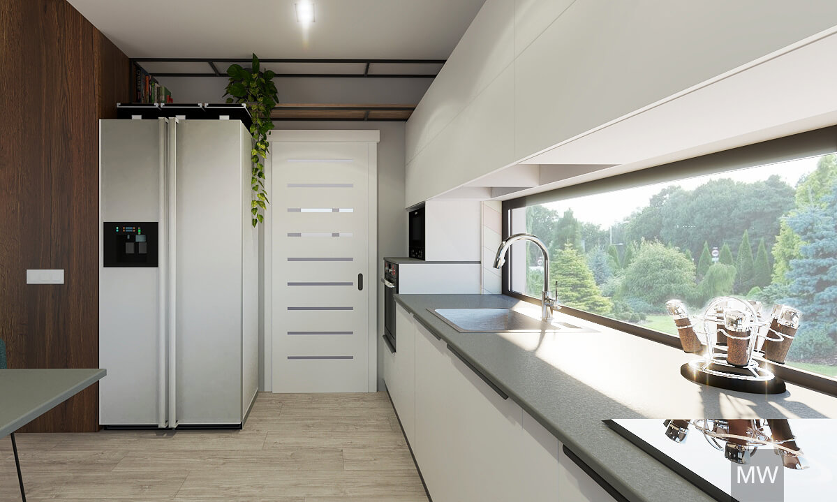 bucatarie cu geam peste blat, vedere spre camara, mobila adaptata spatiului, randare 3d, most wanted design bucatarie cu geam peste blat, vedere spre camara, mobila adaptata spatiului, randare 3d, most wanted design