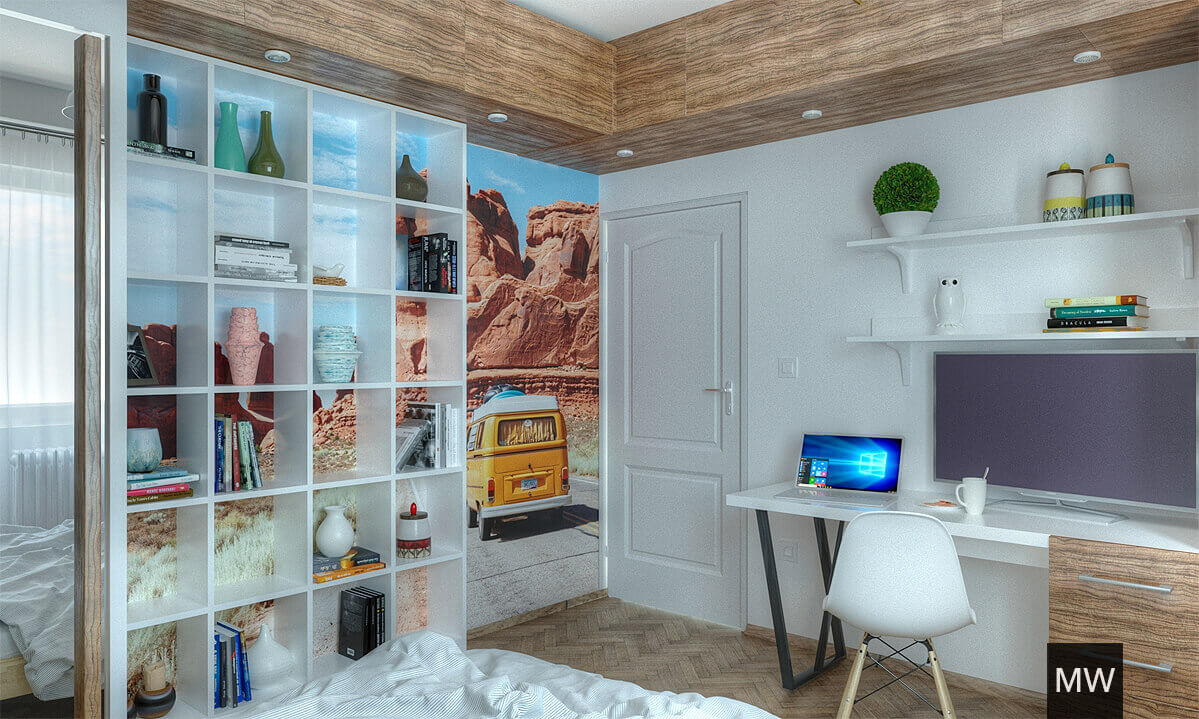 BA2_residential_design_apartment_01 vedere cu peretele cu tapet si raft, birou facut la comanda si televizor