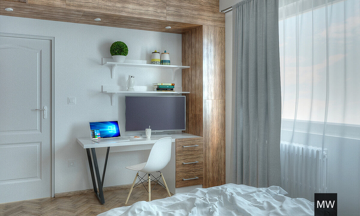 BA2_residential_design_apartment_02 grinzi de beton acoperite cu placi de pal si birou integrat, culori simple si deschise