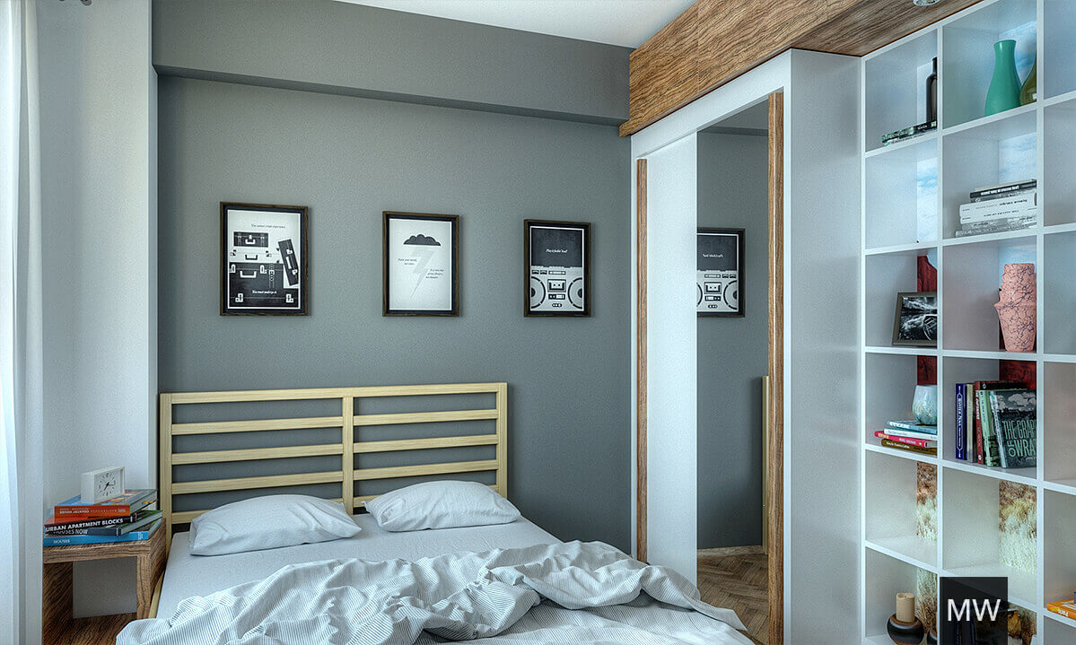 BA2_residential_design_apartment_03 randare cu dormitor, dressing incorporat cu rafturi, perete gri si cadru pat de la IKEA