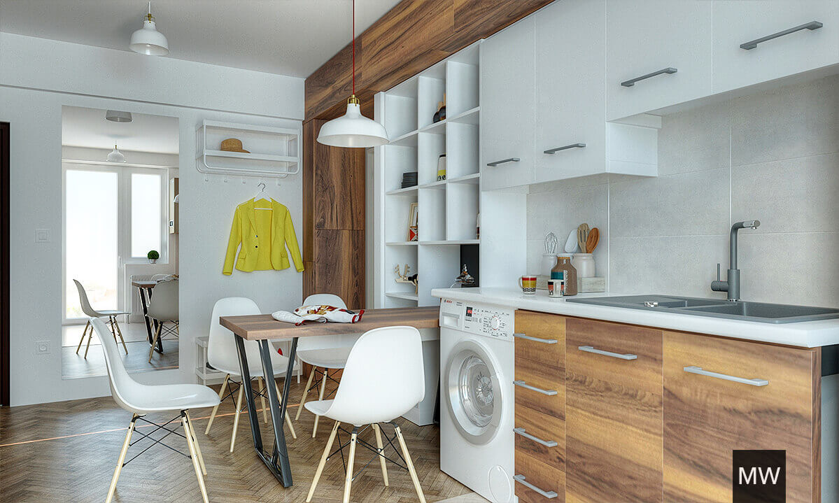proiect de design interior apartament in cluj, randare 3d proiect de amenajare apartament in cluj, bucatarie randata, culori deschise