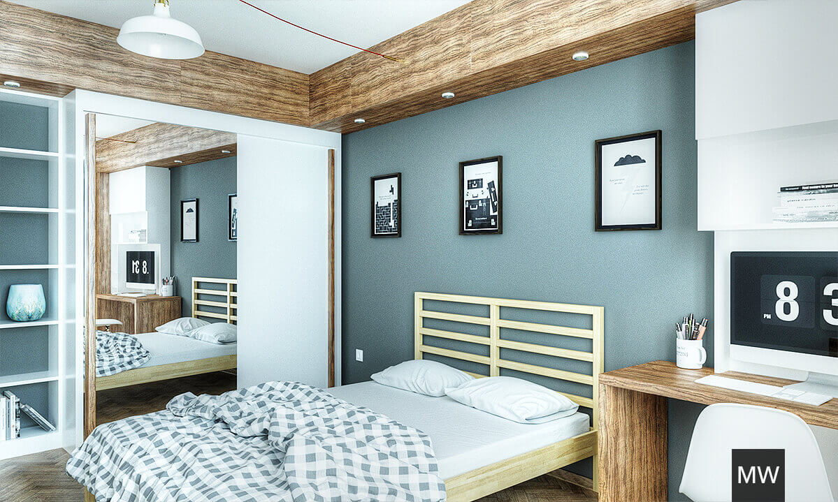 BA2_residential_design_apartment_06 vedere cu patul si dulapul de dressing, care are oglinda pe usi