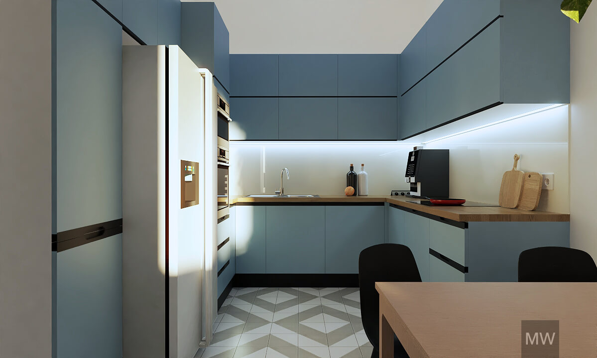 randare 3d, bucatarie moderna, denim blue, design interior apartament 3 camere, most wanted design randare 3d, bucatarie moderna, denim blue, design interior apartament 3 camere, most wanted design