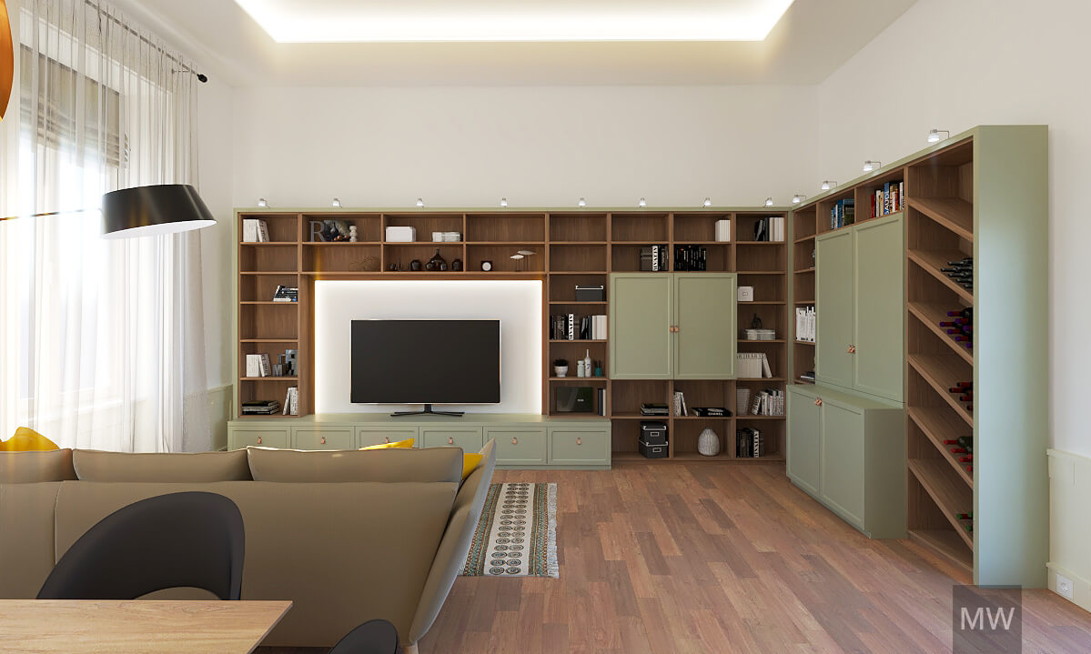 randare camera de zi, apartament 3 camere, design modern cu nuante natur si pistacio, canapea cu corp de iluminat si masa facuta la comanda randare camera de zi, apartament 3 camere, design modern cu nuante natur si pistacio, canapea cu corp de iluminat si masa facuta la comanda