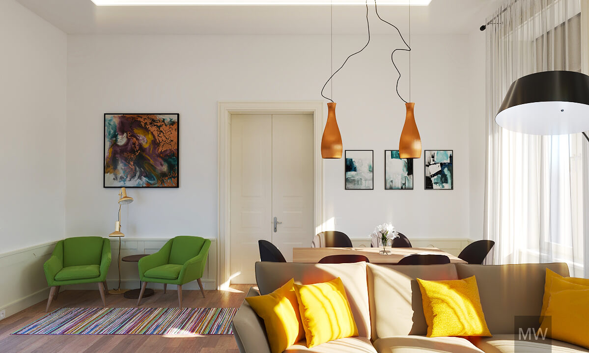 living modern cu fotolii verzi si panouri casetate pe pereti, masa de dining si canapea living modern cu fotolii verzi si panouri casetate pe pereti, masa de dining si canapea