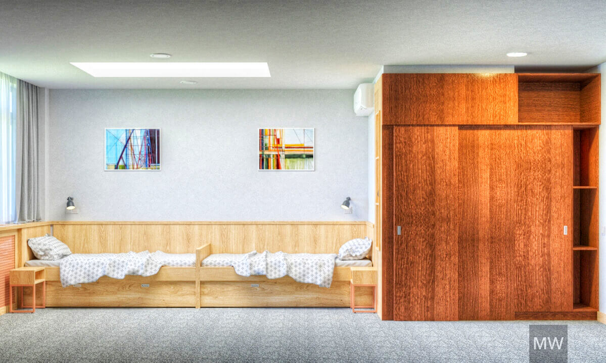 vedere laterala cu spatiu de depozitare si intrare in baie, cu usa glisanta, design interior hostel vedere laterala cu spatiu de depozitare si intrare in baie, cu usa glisanta, design interior hostel