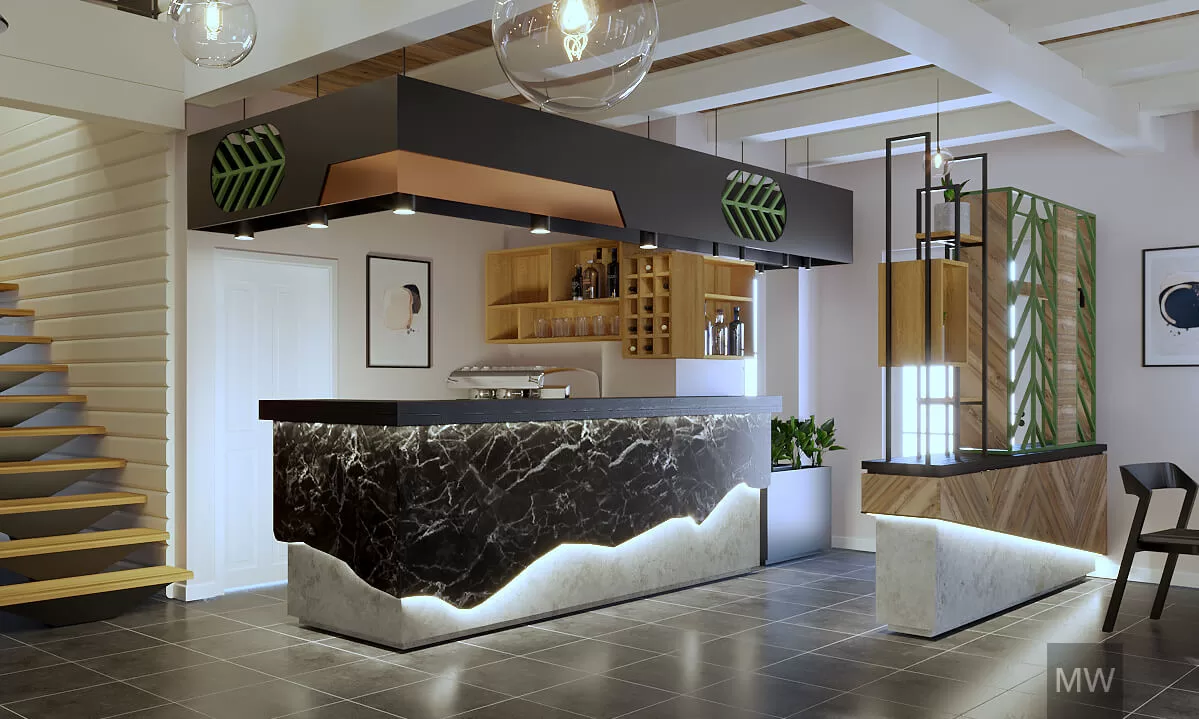 Randare 3d restaurant în stil cabana de munte, bar cu marmură si iluminat cu banda led, rafturi din stejar furniruit_structuri metalice si lemn de brad Randare 3d restaurant în stil cabana de munte, bar cu marmură si iluminat cu banda led, rafturi din stejar furniruit_structuri metalice si lemn de brad