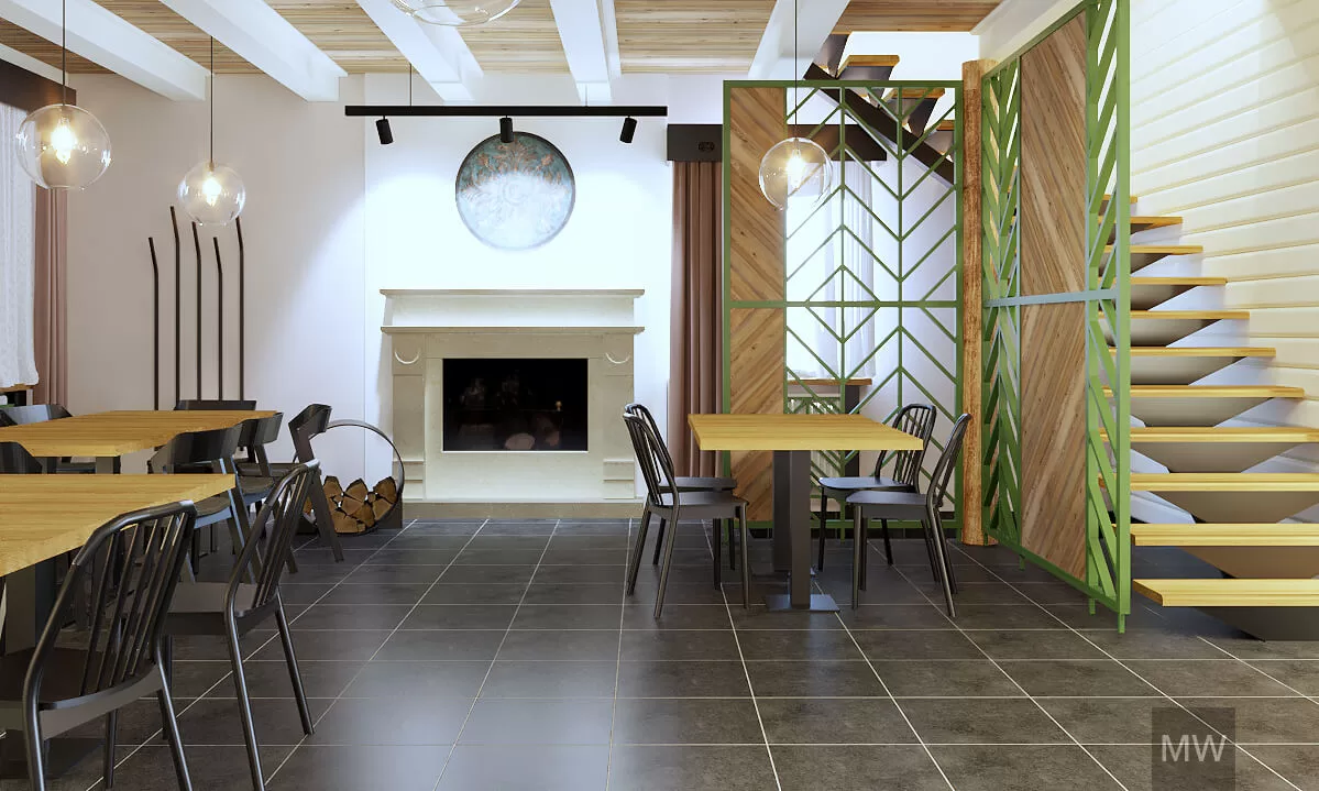 Randare 3D cu șemineu, proiect de restaurant în stil cabană de munte, scări cu structură metalică și paravan din țeavă pătrată Randare 3D cu șemineu, proiect de restaurant în stil cabană de munte, scări cu structură metalică și paravan din țeavă pătrată