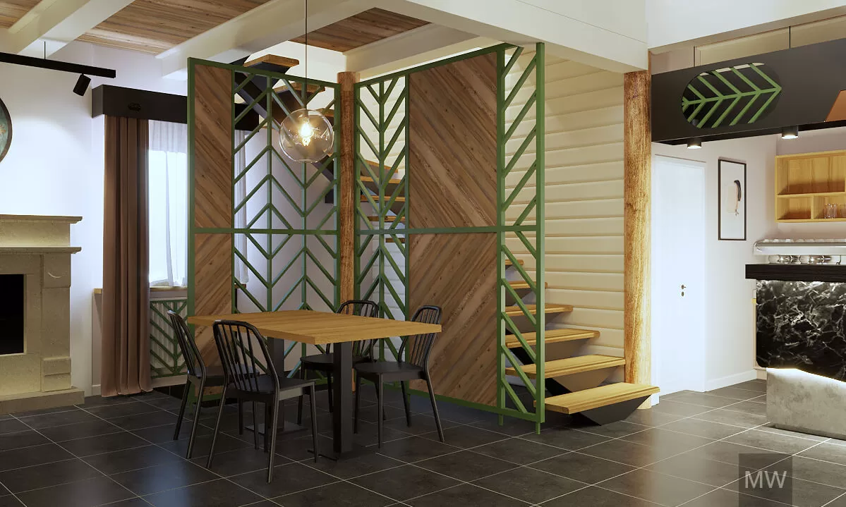 Randare 3D restaurant cabană de munte, scări din lemn pe structură metalică, separator de spațiu din teavă patrată most wanted design Randare 3D restaurant cabană de munte, scări din lemn pe structură metalică, separator de spațiu din teavă patrată most wanted design