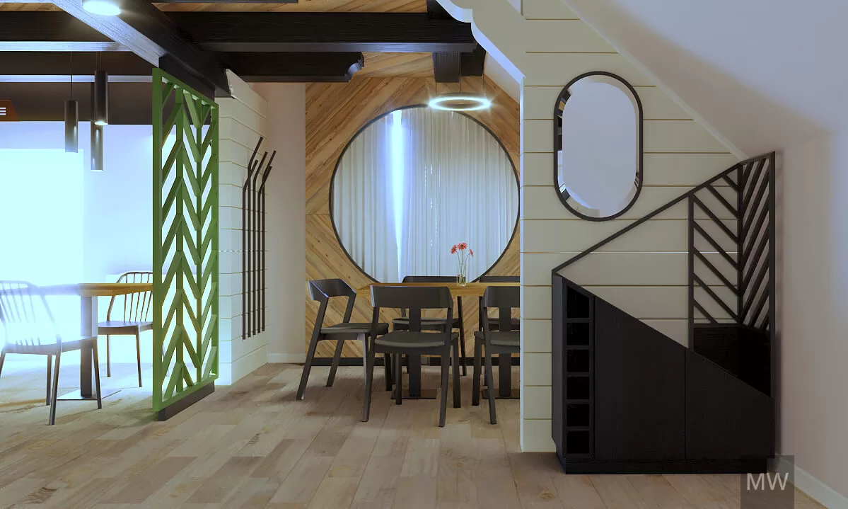 randare 3d, proiect de design interior restaurant, etaj, separeu cu geam rotund si oglinzi randare 3d, proiect de design interior restaurant, etaj, separeu cu geam rotund si oglinzi